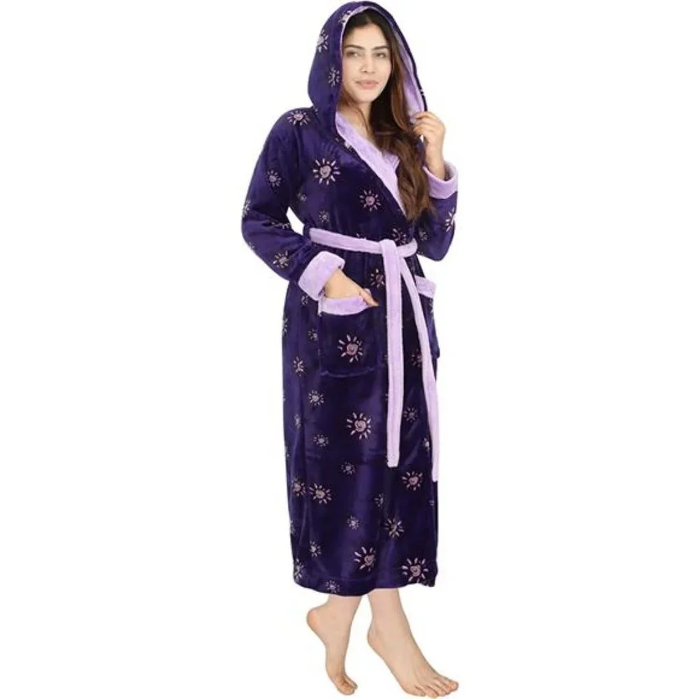 Women Fleece Hooded Bathrobe - Plush Long Robe, Purple